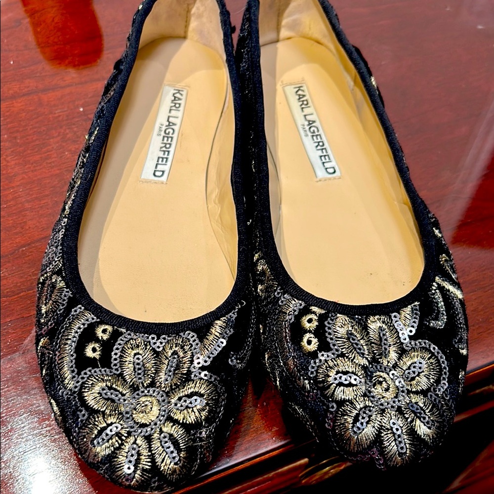 Karl Lagerfeld Black and Gold Embellished Women's Flats